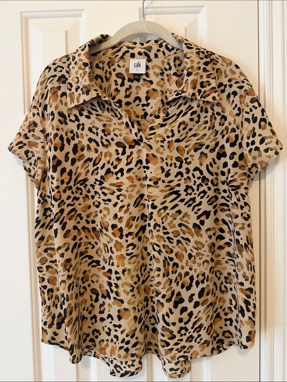 CAbi Leopard Spot Short-Sleeve Button Down Shirt - Beige, Black, Brown, Gold